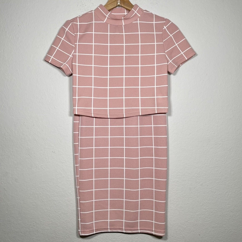 Shein Pink White Grid Pattern Crop Top Midi Skirt Set Women Size Small